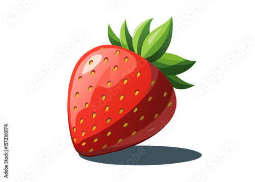 Vibrant red strawberry with green leaves and seed detail on black background