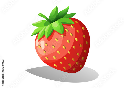 A single ripe red strawberry with green leaves and yellow seeds on a white background