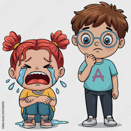 Cartoon illustration of sad crying girl and thoughtful boy with glasses character design vector art