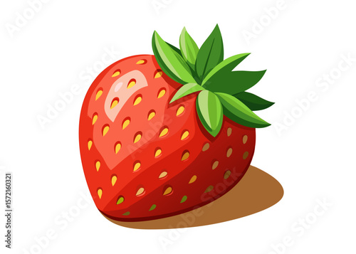 Vibrant red strawberry with green leaves and seeds isolated on black background