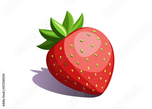 Vibrant red cartoon strawberry with green leaves and seeds casting a shadow