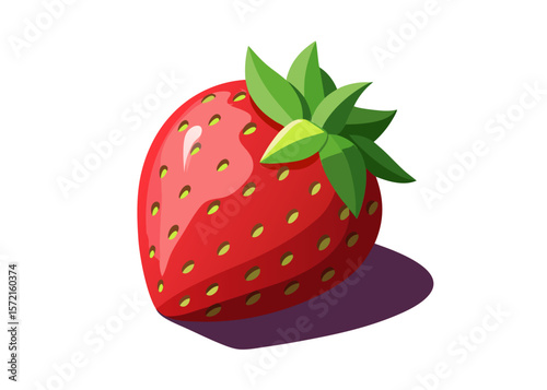 Vibrant red strawberry with green leaves and seeds on a dark background