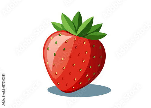 Vibrant red strawberry with green leaves and seeds on a black background