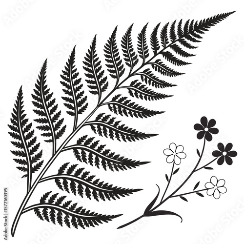 Elegant Fern and Floral Silhouette: Botanical Art Print