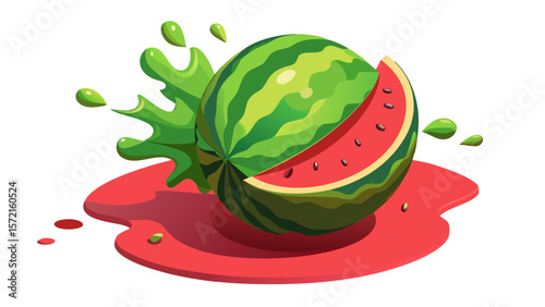 Juicy watermelon slice splashing with vibrant green juice and red liquid