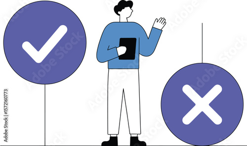 Illustration of decision making process with check mark and cross mark for right or wrong choices