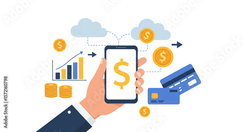 Illustration depicting mobile financial transactions, with money symbols and charts.