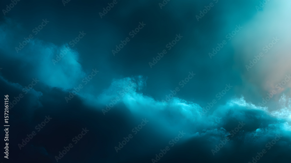Fototapeta premium Teal Cloudscape: An ethereal teal cloudscape unfolds, a dramatic and moody scene where dark, swirling clouds meet a lighter, almost luminescent edge.
