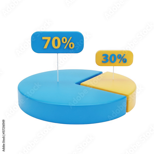 3d pie chart with 70 and 30 segments isolated on transparent background
