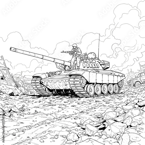 A military tank with a cannon and mounted rifle rolls through a smoky battlefield with rubble, debris, and destroyed vehicles.