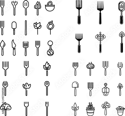 garden fork icons, digging fork, hand fork, pitchfork icon, garden tool, soil fork, compost fork, manure fork, spading fork, heavy-duty fork, sturdy garden fork, metal fork, wooden hand