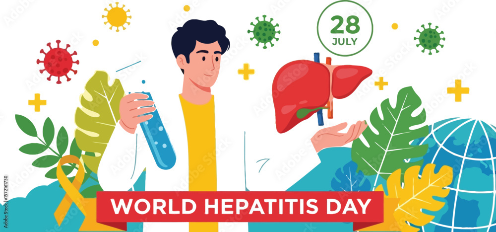 Obraz premium World hepatitis day illustration with doctor, liver, and virus elements