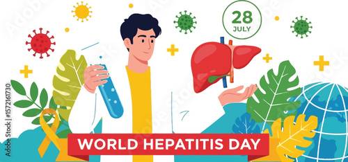 World hepatitis day illustration with doctor, liver, and virus elements