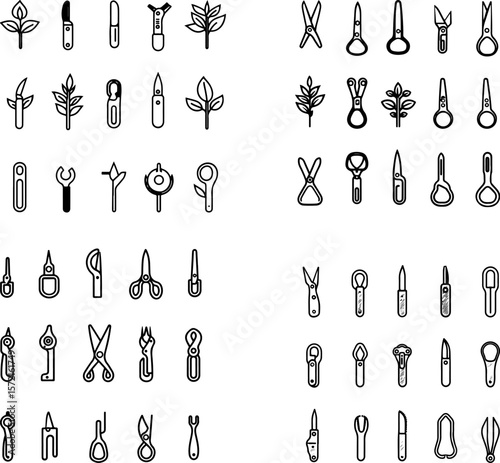pruning shears icons, garden shears, hand pruners, bypass pruners, anvil pruners, trimming shears, gardening scissors, plant shears, flower pruners, branch cutters, garden clippers, hed