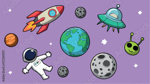 Cartoon space adventure vector art featuring astronaut rocket planets and ufo for kids and education design