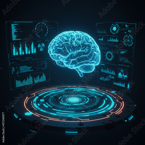 A translucent digital brain hovers above a futuristic circular platform, surrounded by glowing data screens displaying graphs and charts.