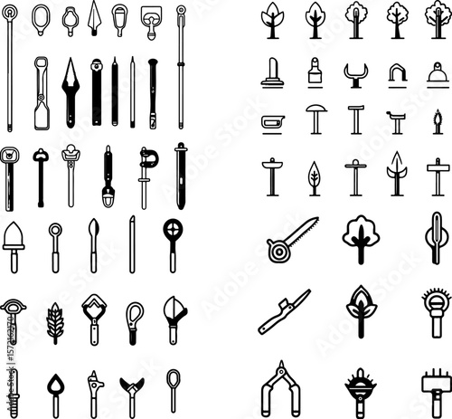 tree pruner icons, tree trimming tool, branch pruner, pole pruner, long reach pruner, telescopic pruner, manual tree pruner, electric tree pruner, pruning saw, pruning shears, gardening