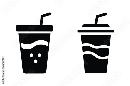 Two stylized black silhouette icons of disposable paper cups with straws and bubbly drinks representing beverages and refreshment