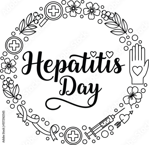 Black and white hepatitis day wreath with medical symbols and decorations