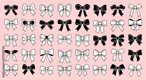 Collection of black and white decorative bows on pink background