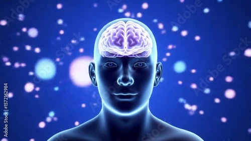 Stylized Human Head with Brain Visualization on Glowing Blue Background