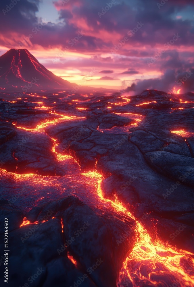 Fototapeta premium Erupting Volcano with lava flows and dramatic sky at dusk.
