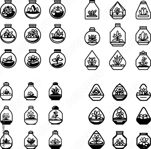 terrarium icons, glass terrarium, closed terrarium, open terrarium, plant terrarium, mini garden, tabletop terrarium, succulent terrarium, moss terrarium, cactus terrarium, hanging terr