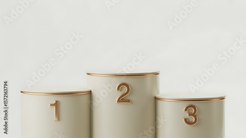 Three tiered podium with gold trim and numbers 1 2 3 winner first