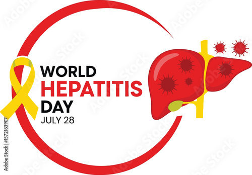 World hepatitis day illustration with liver and ribbon on white background