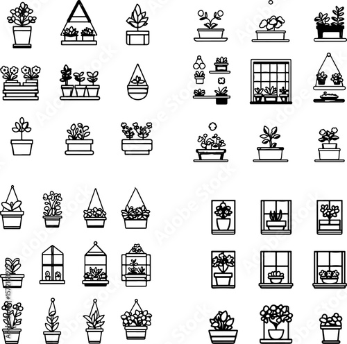 window garden icons, windowsill garden, indoor garden, urban gardening, balcony garden, potted window plants, flower box, window planter, kitchen window garden, herb window garden, smal