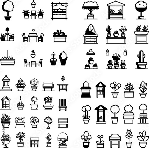 patio garden icons, outdoor garden, backyard garden, small space garden, container garden, potted plants, patio planter, patio flower bed, patio greenery, balcony garden, urban garden,