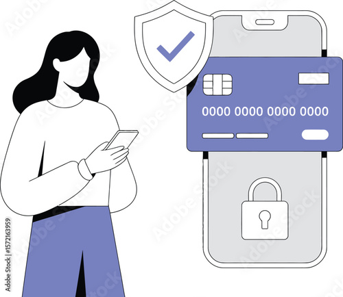 Secure mobile payments illustration for online banking and financial security with woman using phone card 