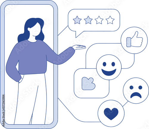 Illustration of customer feedback review with stars rating like dislike love happy sad on phone screen