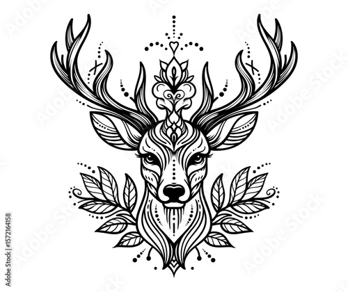 Majestic deer head artwork with detailed antlers, combining elegance and wilderness ideal for tattoos, apparel, logos, and wall decor.