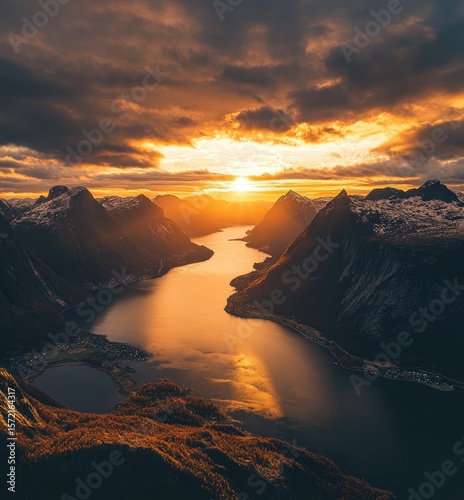 Majestic mountains, river, at sunset casting golden light on a breathtaking panorama in Norway.