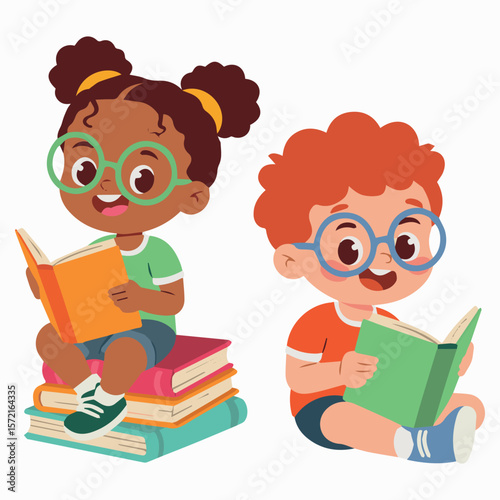 Children reading books illustration for education and learning with glasses and stack of books vector image