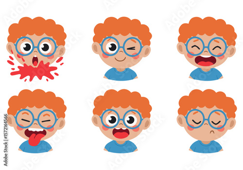 Illustration of boy with glasses showing different emotions such as happy sad angry and surprised expression