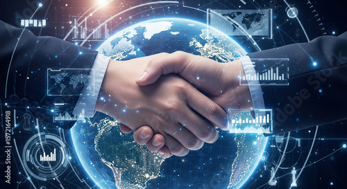 Futuristic Global Market Handshake with Digital Earth Overlay