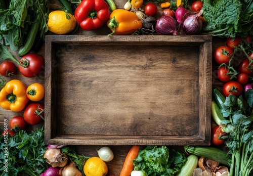 Fresh vegetables arranged around an empty wooden tray, showcasing healthy eating.