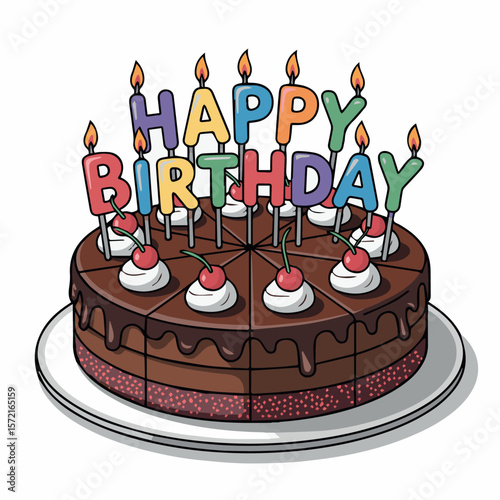 Happy birthday cake with candles vector illustration for celebration party dessert sweet treat and bakery design