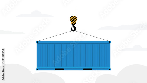 Blue shipping container logistics and transportation industry cargo import export crane hook in the sky cloud