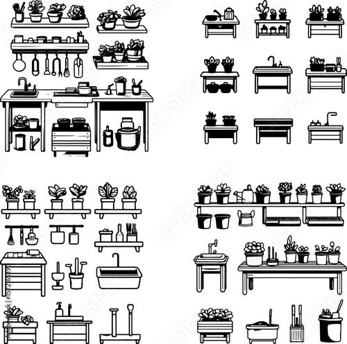 potting bench icons, garden workbench, planting station, gardening table, outdoor potting bench, garden bench, gardening workstation, potting table, planter bench, potting shelf, garden