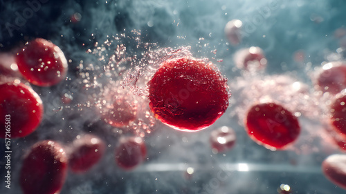 Red Blood Cell Microscopic World: Captivating close-up captures the intricate beauty of red blood cells floating gracefully in a watery medium, showcasing nature's artistry and scientific marvels.