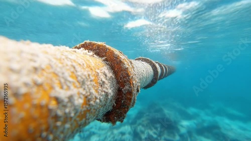 Underwater Internet Cable: The image depicts a robust internet cable submerged in the ocean, illustrating the hidden infrastructure of the digital age.