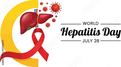 World hepatitis day illustration with liver, ribbon, and virus graphics