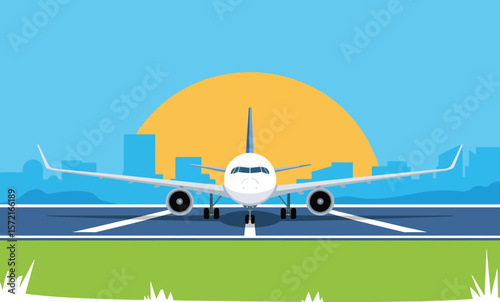 Airplane landing illustration vector graphic template design travel vacation airport flight takeoff runway 