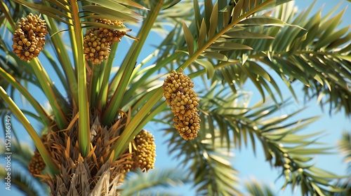A date palm tree with ripe dates swaying gently in the wind