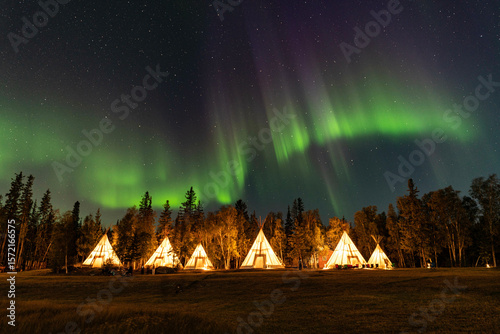 Northern Lights, Aurora Borealis over Teepee and Forest, Yellowknife, Northwest Territories, Canada