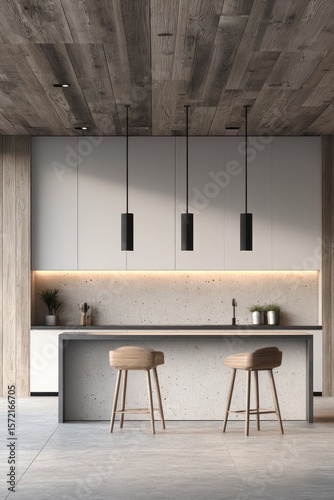 Modern kitchen with wood ceiling, white cabinets, and light-colored island with two stools