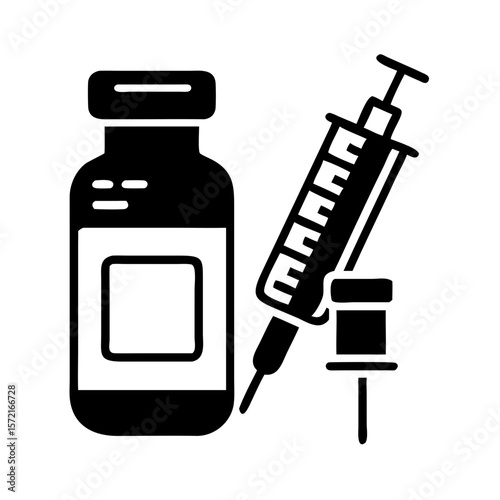 Syringe and vaccine vial in black silhouette design concept of icon  